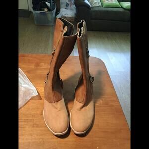 Unbranded Tan Brown Womens Medium Chunky Heel Side Zip Leather Boots Sz 9.5